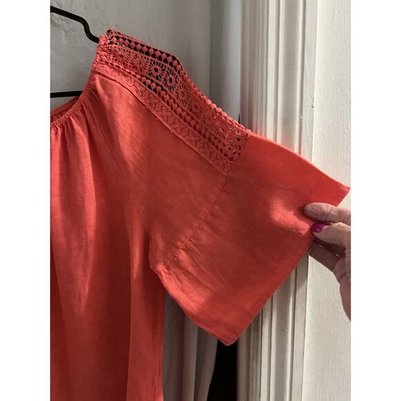 Terzo Millennio Salmon Orange Made In Italy Linen Crochet Shoulder Blouse Sz M - Picture 7 of 8